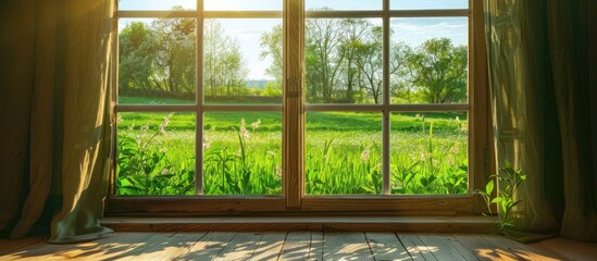 Window, fresh green grass in the field, tidying up in spring