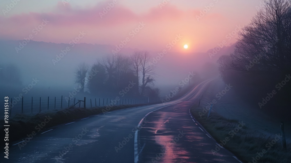 Poster a mountain range is in the background of a road. the road is empty and straight. the sky is blue and
