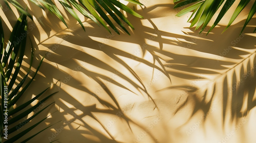 Aufkleber Top view of green tropical leaves and shadows on sand color background Flat lay Minimal summer concept with palm tree leaf Creative copyspace with paper frame : Generative AI