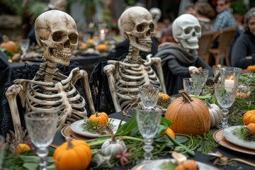 An engaging scene of a well-arranged Halloween party table with skeletons posed in a social setting