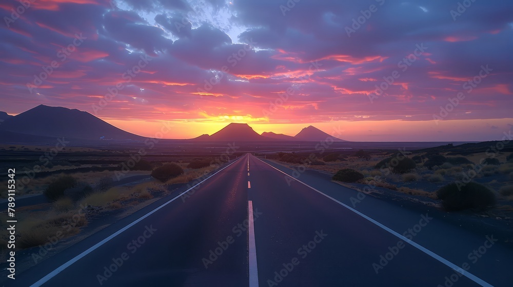 Poster a road with a mountain in the background. the road is empty and the sky is clear