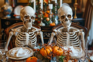 Obraz premium A pair of skeletons engaging in a toast amidst a table setting with pumpkins and berries, merging macabre with autumn celebration
