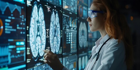 Medical Professional Studying Kidney Health Trends on Interactive Digital Wall in High Tech Laboratory