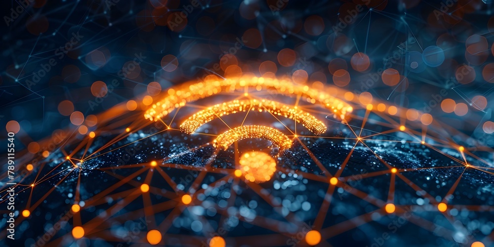 Poster glowing wireless communication hub with abstract interconnected network of lines and dots