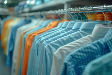 Rows of men's casual shirts in various blue hues displayed on hangers in a retail clothing store