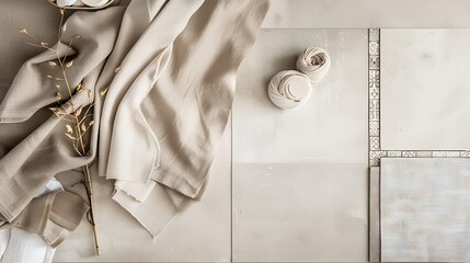 Creative flat lay composition with textile and paint samples panels and cement tiles Stylish interior designer moodboard Light beige color palette Copy space Template : Generative AI