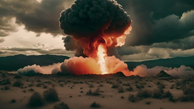 Huge nuclear bomb explosion with a mushroom cloud.