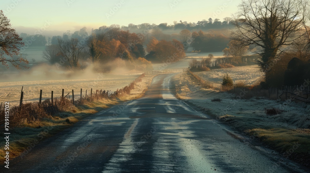 Poster a road with a fence on the side and trees in the background. the road is wet and foggy