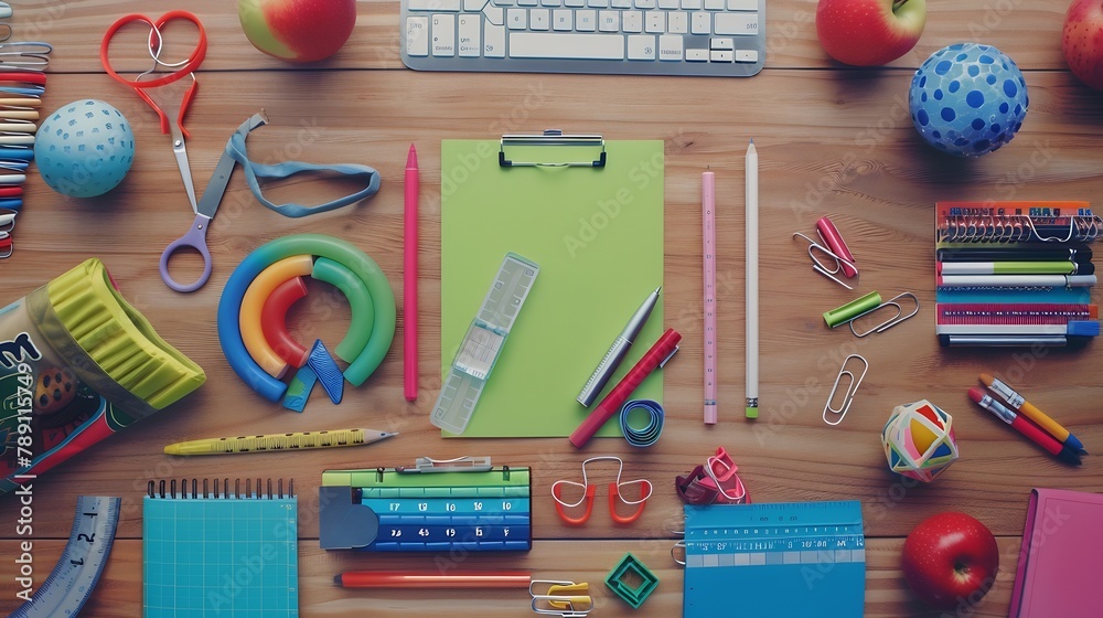 Poster flat lay school stationery on a wooden background back to school concept creative layout top view ov