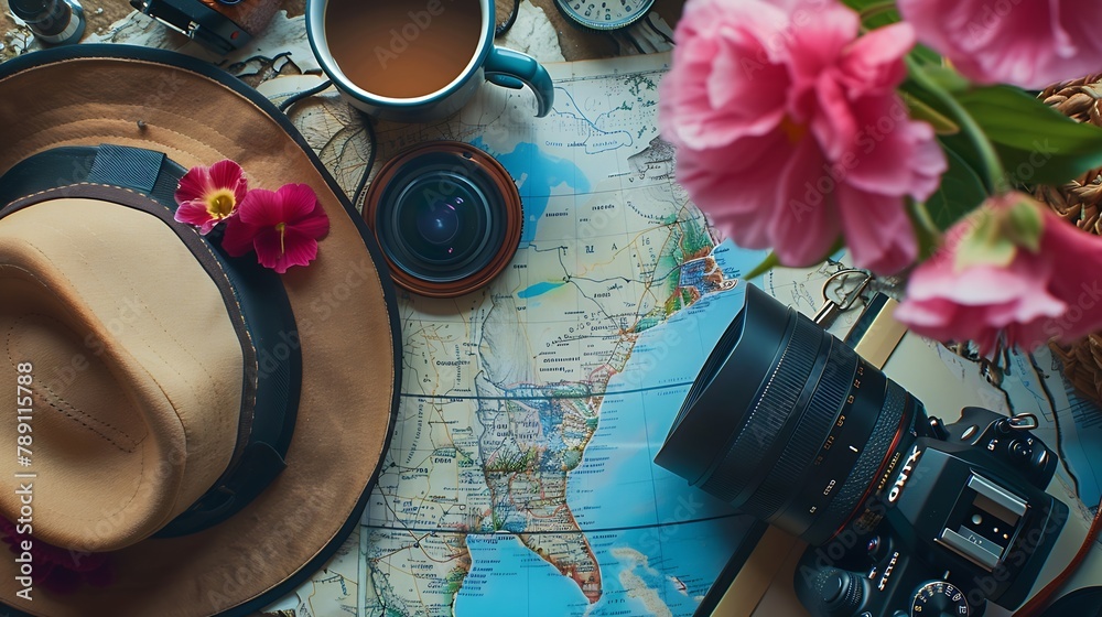 Poster Beautiful hipster flatlay with hat dslr camera lens coffee map flower notebook and binocular Working space surface top view Creative work table for photographer traveller blogger : Generative AI