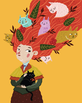 Woman and cute cats illustration lope