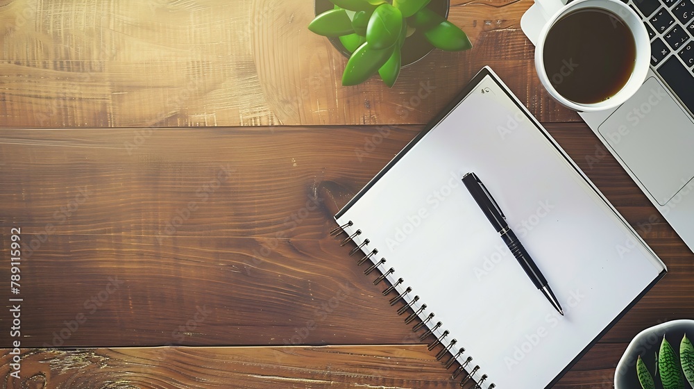 Poster blank notebook with pen are on top of wood office desk table with laptop computer cup of coffee and 