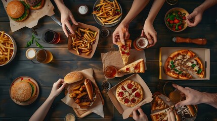 Lockdown family fast food dinner from delivery service Flatlay of friends having quarantine home party with delivered burgers fries sandwiches pizza beer over dark table background top : Generative AI