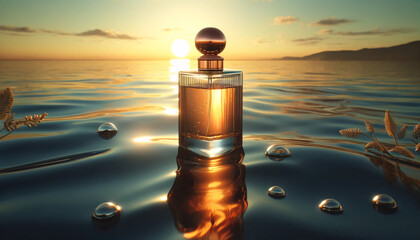 A transparent glass perfume bottle with a copper-colored cap, half-filled with an amber liquid - obrazy, fototapety, plakaty