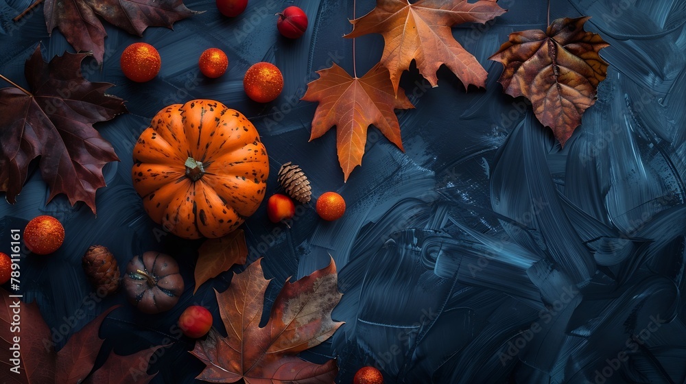 Poster thanksgiving and autumn decoration concept made from autumn leaves and pumpkin on dark background fl