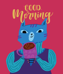Cute cat enjoying with coffee illustration