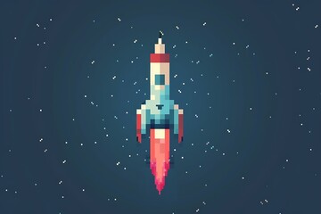 : A minimalist logo featuring a pixelated rocket ship ascending against a starry sky. The pixel blocks create a sense of progress and advancement.