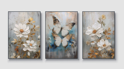 Abstract oil painting triptych of flowers and horses, vector illustration, cover design
