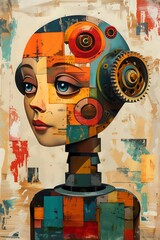 The Head of a Retro robot, Oil painting, graffiti on the wall