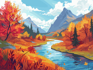 wither background, A peaceful river winding through a valley ablaze with autumn colors, in the style of animated illustrations, wither background, text-based