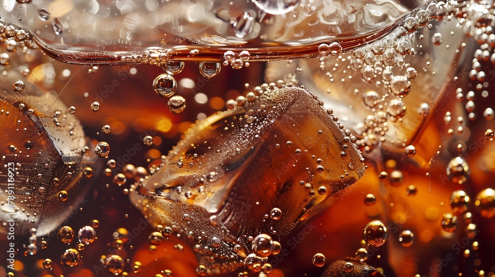Aufkleber Cola with Ice Close up of the ice cubes in cola water Texture of carbonate drink with bubbles in glass Cola soda and ice splashing fizzing or floating up to top of surface Cold drink b : Generative AI