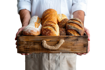 a box with bread in his hands on a transparent background