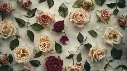 Assorted roses  heads Various soft roses  and leaves scattered on a vintage background overhead view : Generative AI - Powered by Adobe