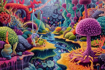 : A microscopic world teeming with life, single-celled organisms in vibrant colors darting through a watery landscape.