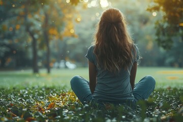 A serene girl sits on the grass in a park against a backdrop of trees and sunset, enjoying nature's tranquility - Powered by Adobe