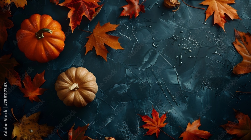 Aufkleber thanksgiving and autumn decoration concept made from autumn leaves and pumpkin on dark background fl