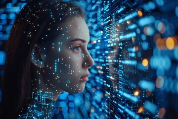 A woman's partial face against a futuristic digital background, denoting concepts of digital identity and the integration of humans and technology