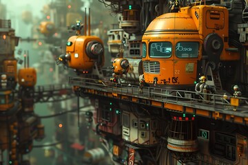 : A microscopic world, but this time with friendly robots tending to delicate machinery within a bustling cityscape.