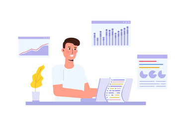 Data scientist concept. Business professional in a meeting discuss data analytics research and collaborate on a report, utilizing graphs and a dashboard on a monitor. Vector illustration.