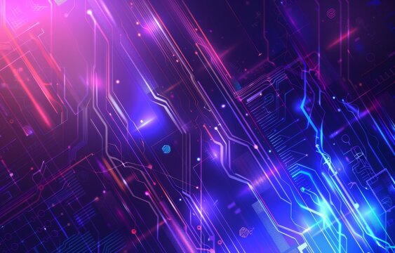 Innovative Blue and Purple Digital Technology Background for Tech Presentations Featuring Light Beams, Circuit Patterns, Holographic Effects, and Data Visualization Icons