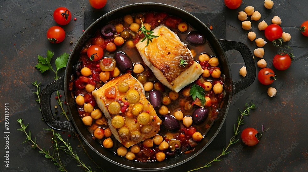 Aufkleber cod stew with chickpeas cherry tomatoes and olives in cooking pan over dark stone background top vie