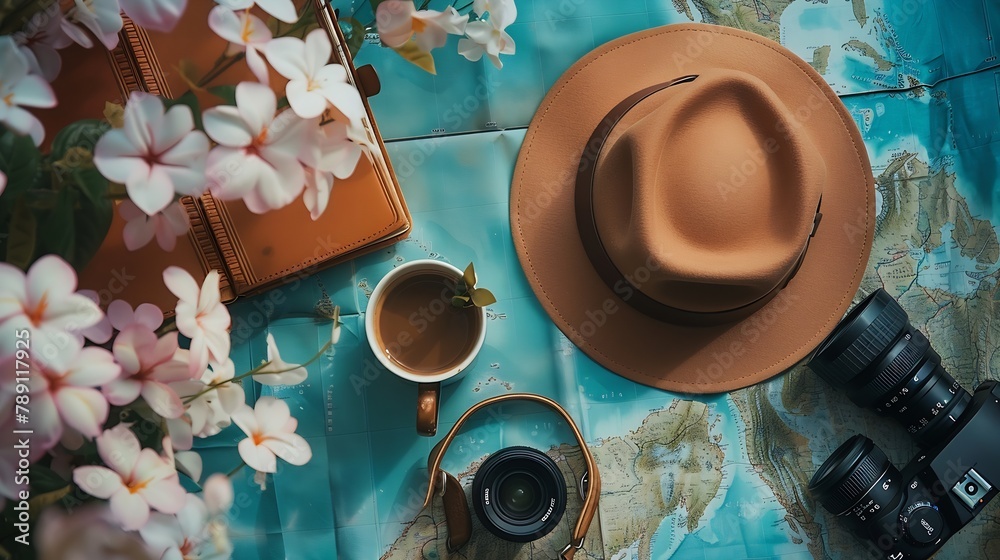Poster Beautiful hipster flatlay with hat dslr camera lens coffee map flower notebook and binocular Working space surface top view Creative work table for photographer traveller blogger : Generative AI
