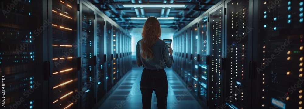 Aufkleber A female analyst in a data center focuses on analyzing large amounts of data to ensure its security and storage in cloud storage.