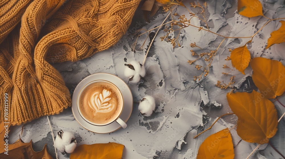 Poster autumn composition a cup of coffee cotton flowers autumn leaves and sweater on stone background flat