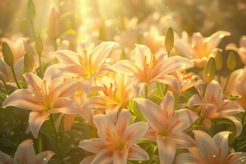 Fototapeta na wymiar Vibrant Lilies Glowing in Ethereal Sunlight: A Close-Up Shot of Nature's Radiant Beauty