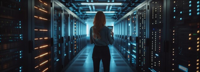 A female analyst in a data center focuses on analyzing large amounts of data to ensure its security and storage in cloud storage. - obrazy, fototapety, plakaty