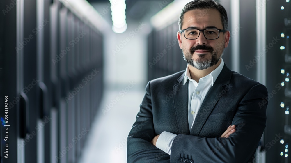 Aufkleber The businessman improves and optimizes work processes in the data center, introducing new tools and technologies to increase the productivity and efficiency of the team.