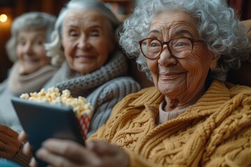 Group of senior friends enjoying a movie and sharing popcorn at home, with joy reflected in their faces