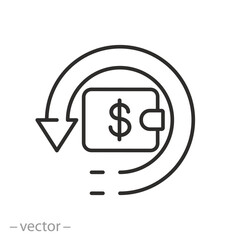 arrow cashback icon, price save money, refund cost, cash back wallet rebate, return coin pay, thin line vector illustration