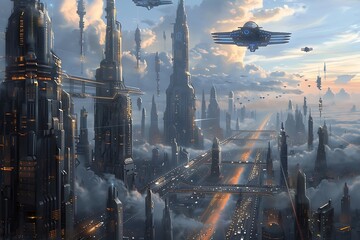 : A massive, futuristic city, with towering skyscrapers and flying vehicles weaving in and out of...