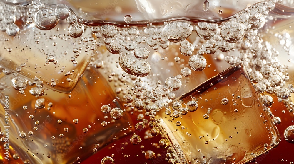 Fototapete Cola with Ice Close up of the ice cubes in cola water Texture of carbonate drink with bubbles in glass Cola soda and ice splashing fizzing or floating up to top of surface Cold drink b : Generative AI