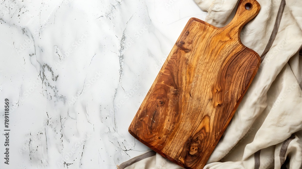 Poster Empty wooden cutting board and tablecloth on white stone table Top view copy space : Generative AI