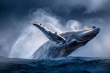 A magnificent humpback whale breaching the surface, spraying a fine mist of seawater as it dives back into the depths.