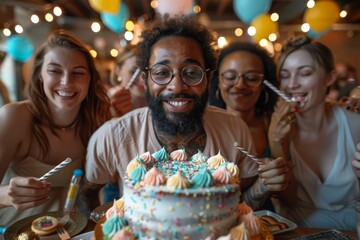 Joyful man with large birthday cake surrounded by happy friends at a celebration party