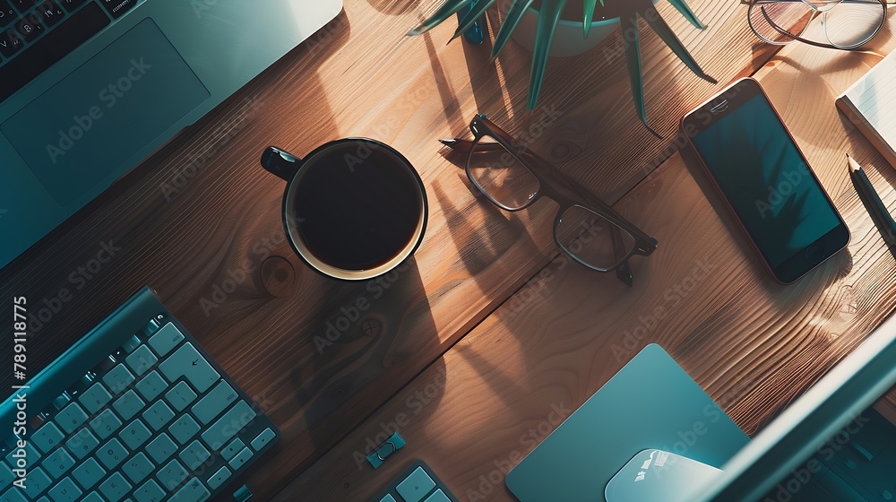 Aufkleber top view above of wooden office desk table with keyboard coffee cup and notebook glasses with equipm