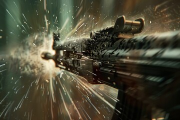 : A machine gun with a suppressor, surrounded by a blur of movement and sound waves